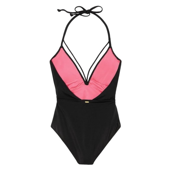 PINK Victoria's Secret Black and Pink Swimwear Embroidered One Piece Medium - Picture 2 of 12